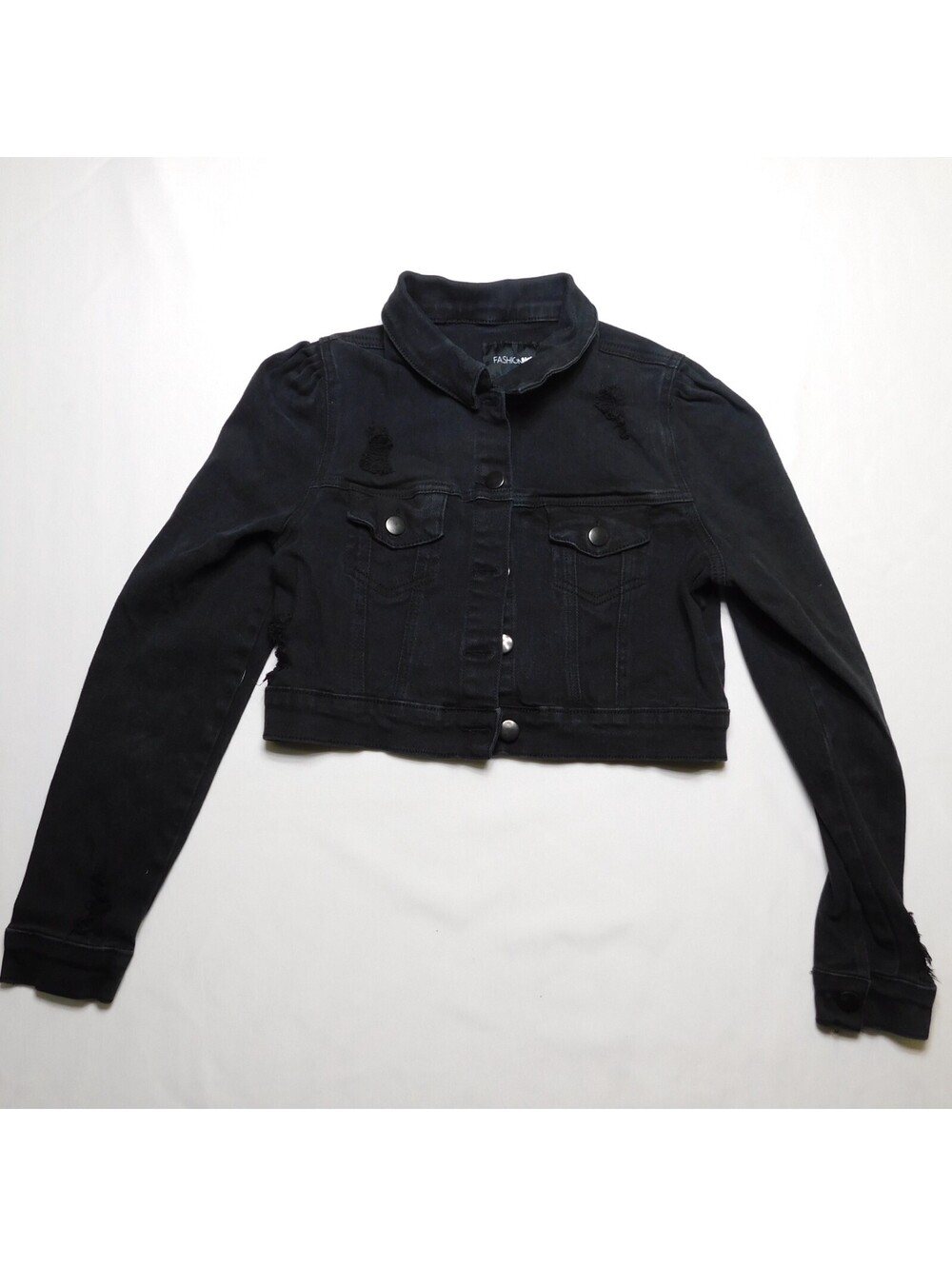 Fashion Nova Womens Small Black Distressed Crop Denim Jacket Puff Sleeve Cropped